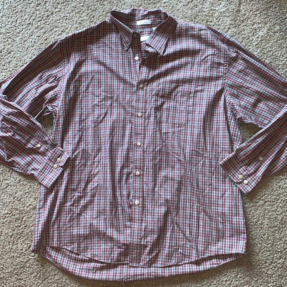 Van Heusen red and gray plaid button up